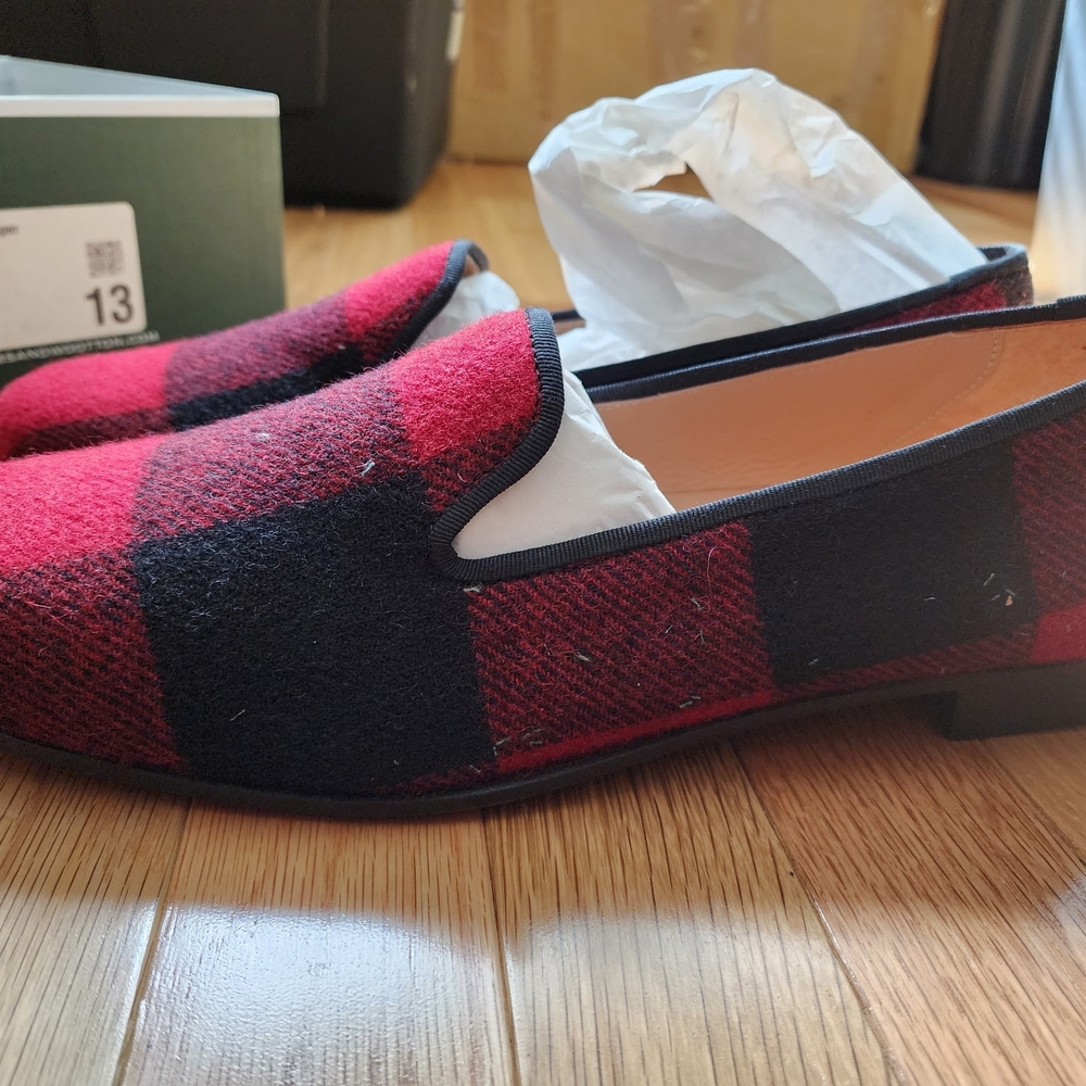 Stubbs & Wootton Red and Black Plaid Wool Slip-On Loafers - Picture 5 of 8